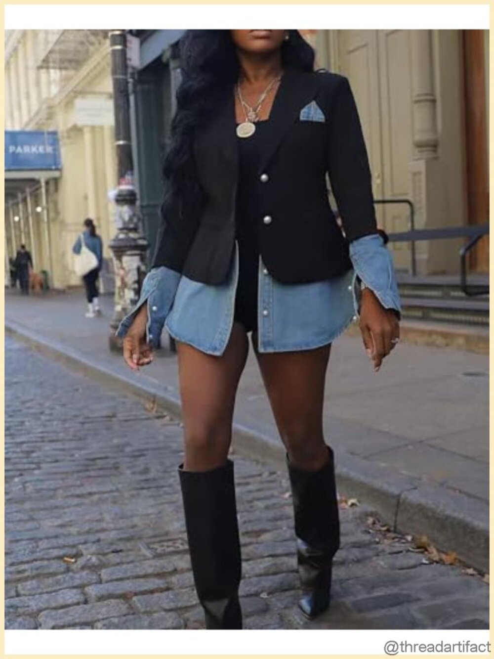 Women's Denim Blazer Jacket Long Sleeve Notched Lapel Oversized Casual Coat - Picture 5 of 6